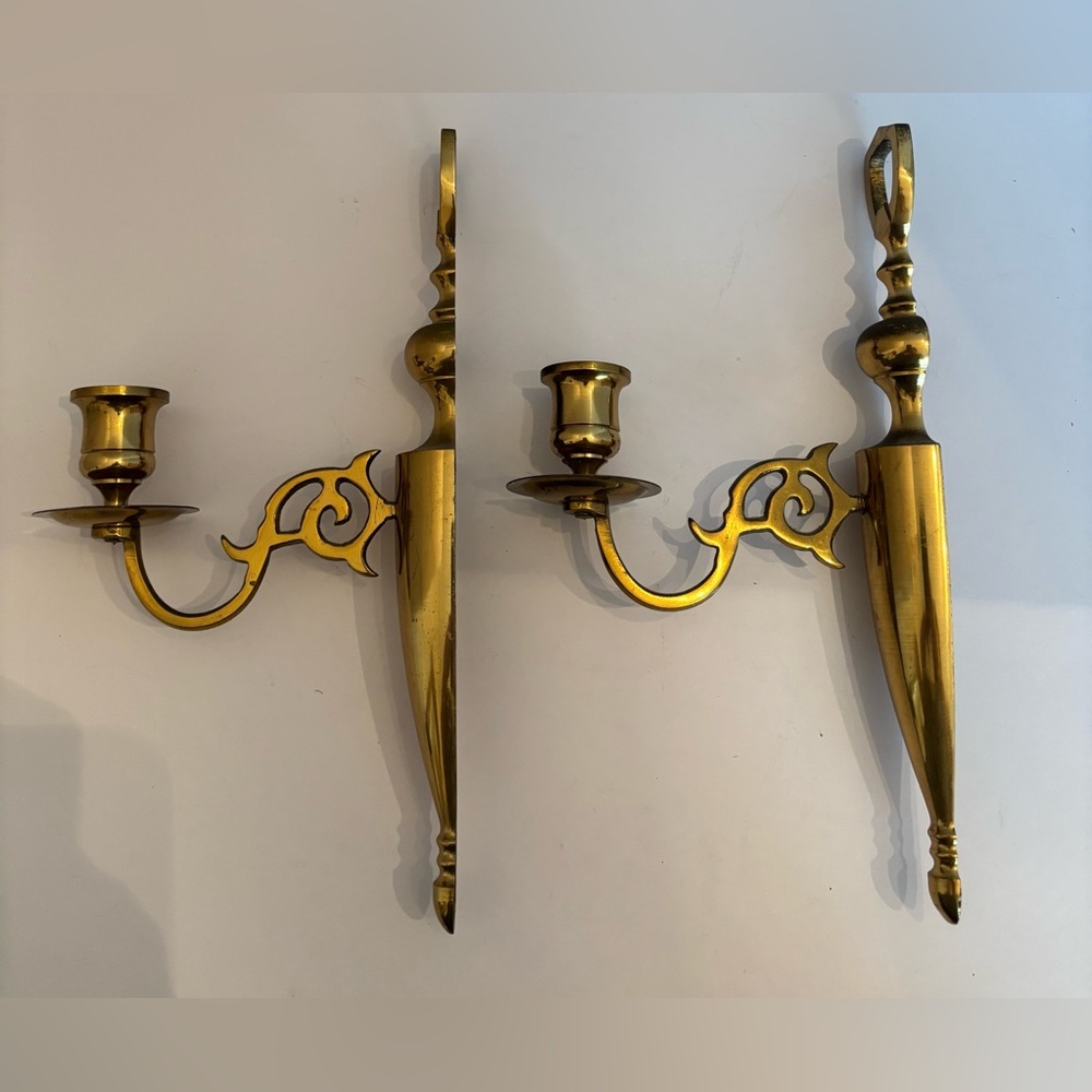 Vintage Pair of Brass Candlestick Wall Sconces